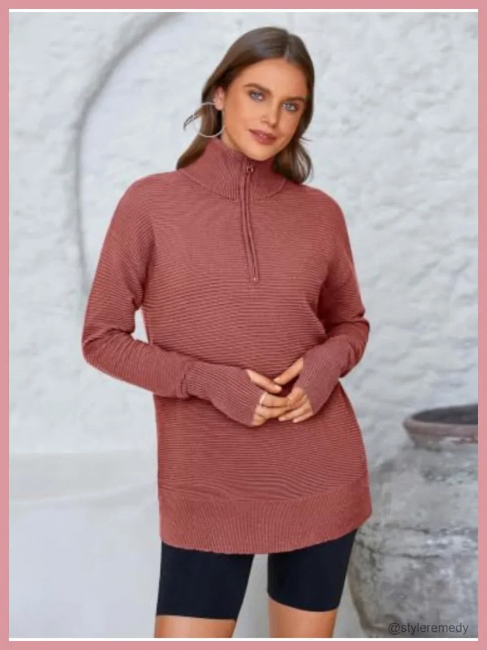 Women's Long Sleeve Quarter Zip Pullover Sweater Casual V Neck Knit Top Thumb